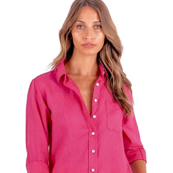 CAMIXA Linen-Cotton Blend Button-Up Shirt | XS | Hot Pink - Picture 7 of 14